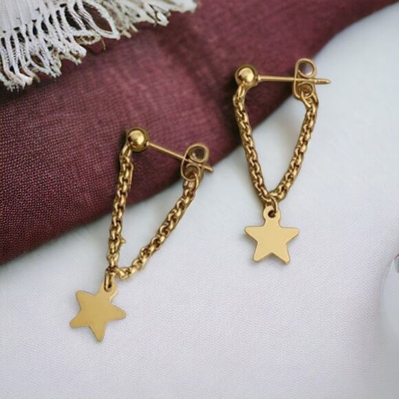 NEW 18K yellow gold plated star stud drop chain earrings jewelry B26A - Picture 1 of 5